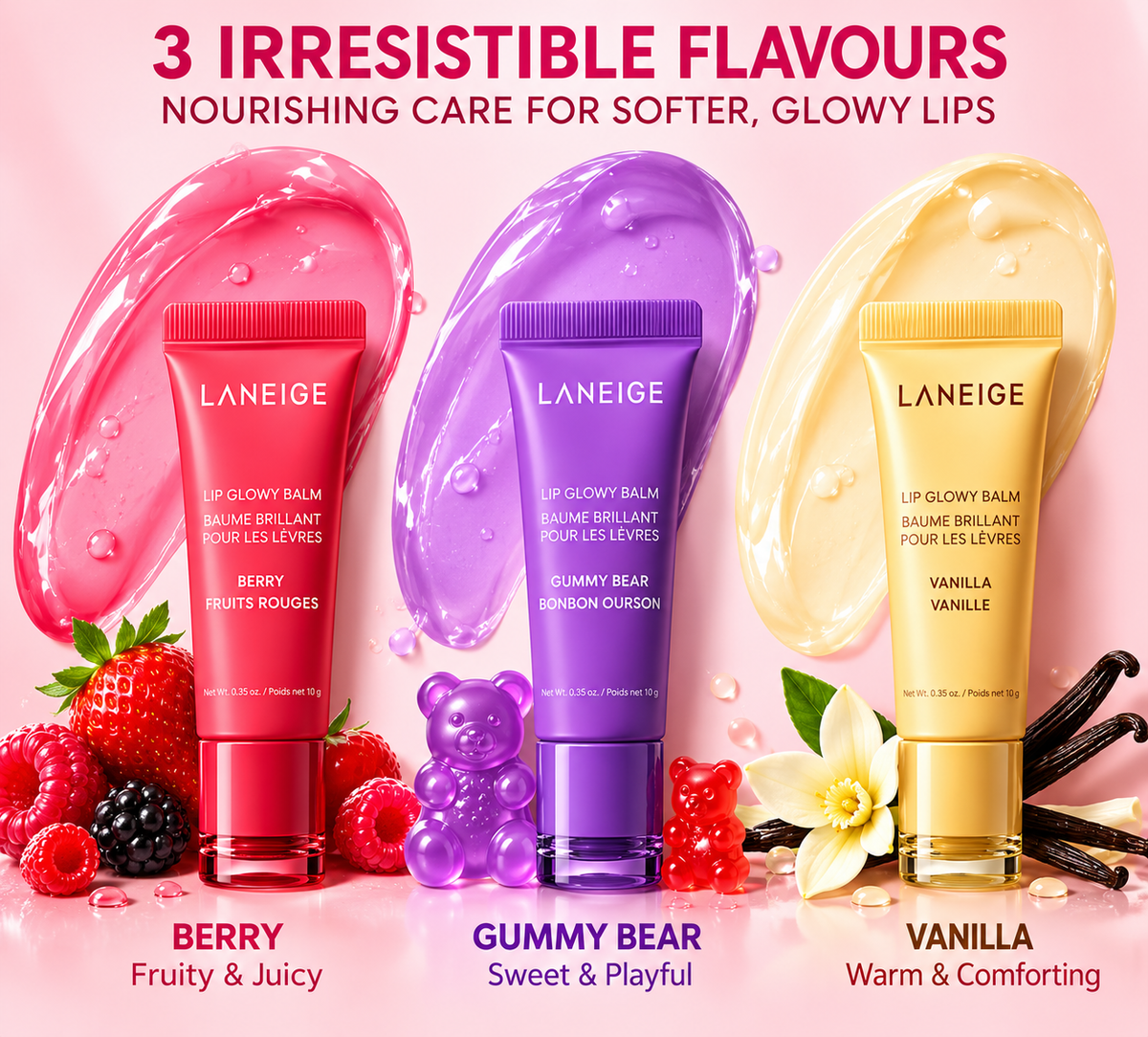 LANEIGE Lip Glowy Balm Set – Berry, Gummy Bear & Vanilla | Hydrating Lip Balm