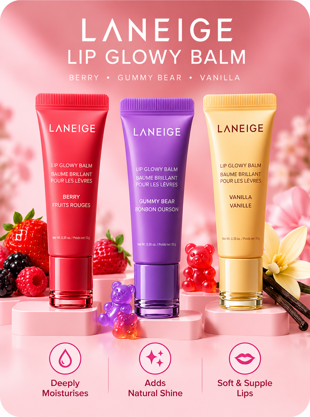 LANEIGE Lip Glowy Balm Set – Berry, Gummy Bear & Vanilla | Hydrating Lip Balm